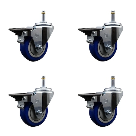 Service Caster 3.5'' Blue Poly Swivel 7/16'' Grip Ring Stem Caster Set with Brake, 4PK SCC-GR20S3514-PPUB-BLUE-PLB-716138-4